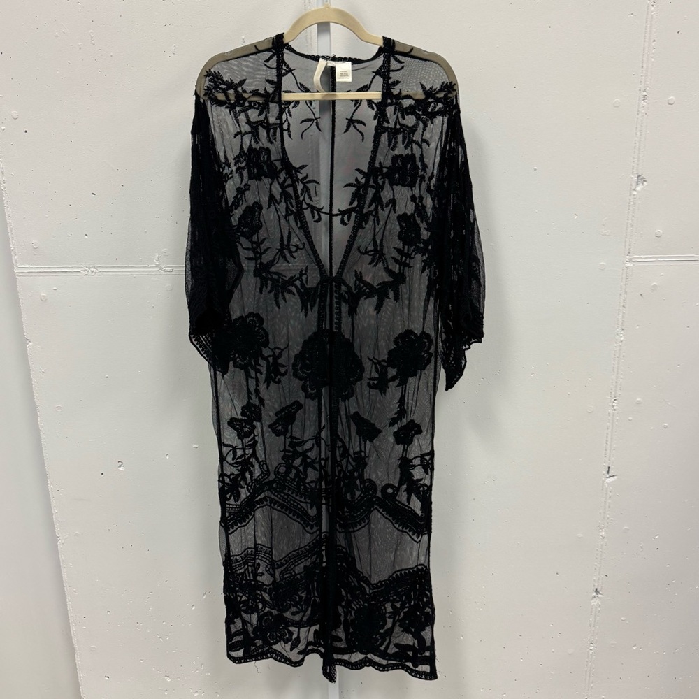 Forgotten Grace Lace Sheer Embroidered‎ Floral Kimono Coverup Black S/M